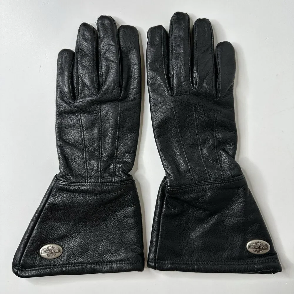 Harley Davidson Black Leather Gauntlet Gloves Womens XS Riding Motorcycle Padded